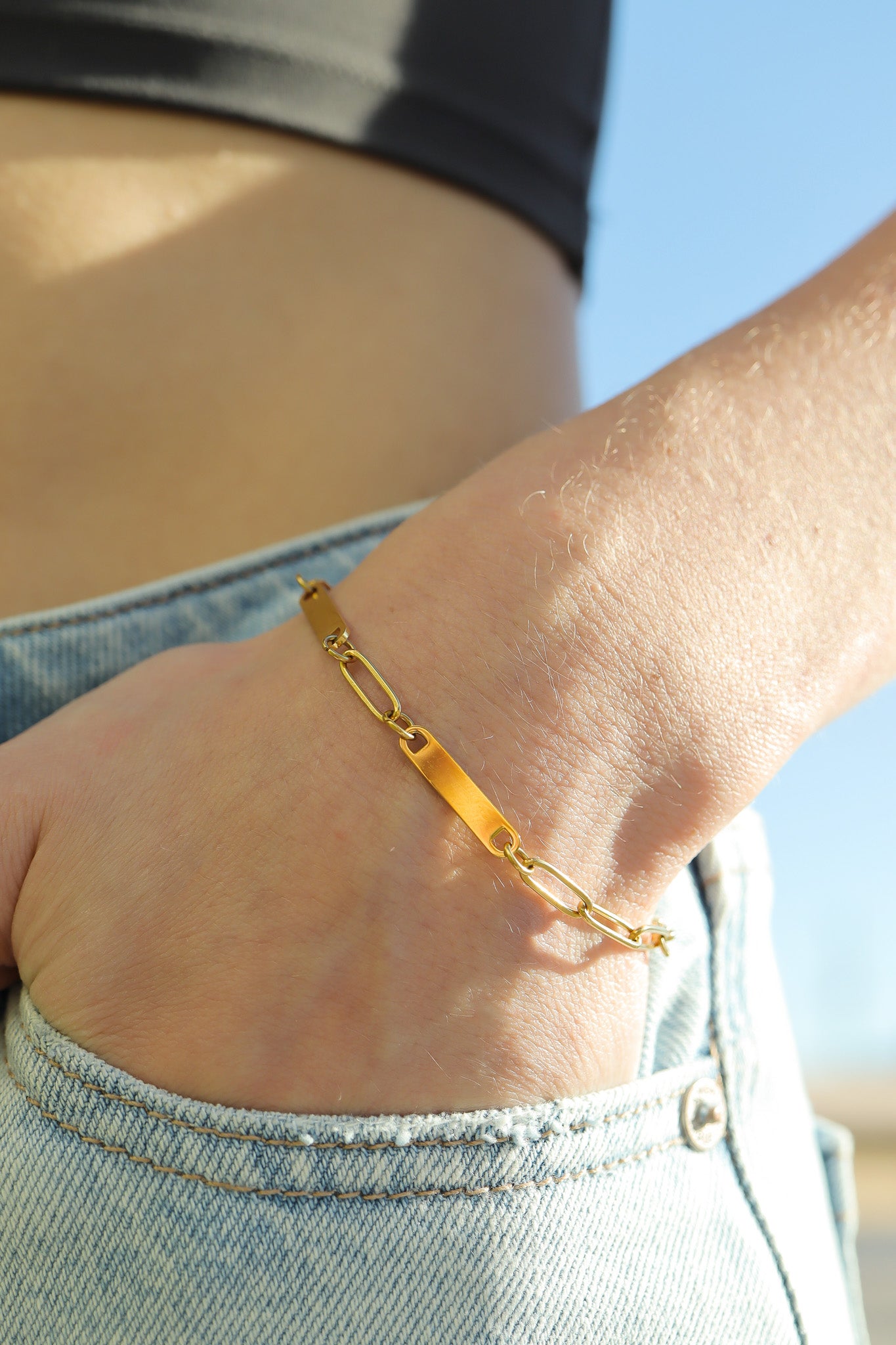 18k Gold PVD Rostfritt stål Gravererbart pappersklipp 2 Bar Armband / SBB0314