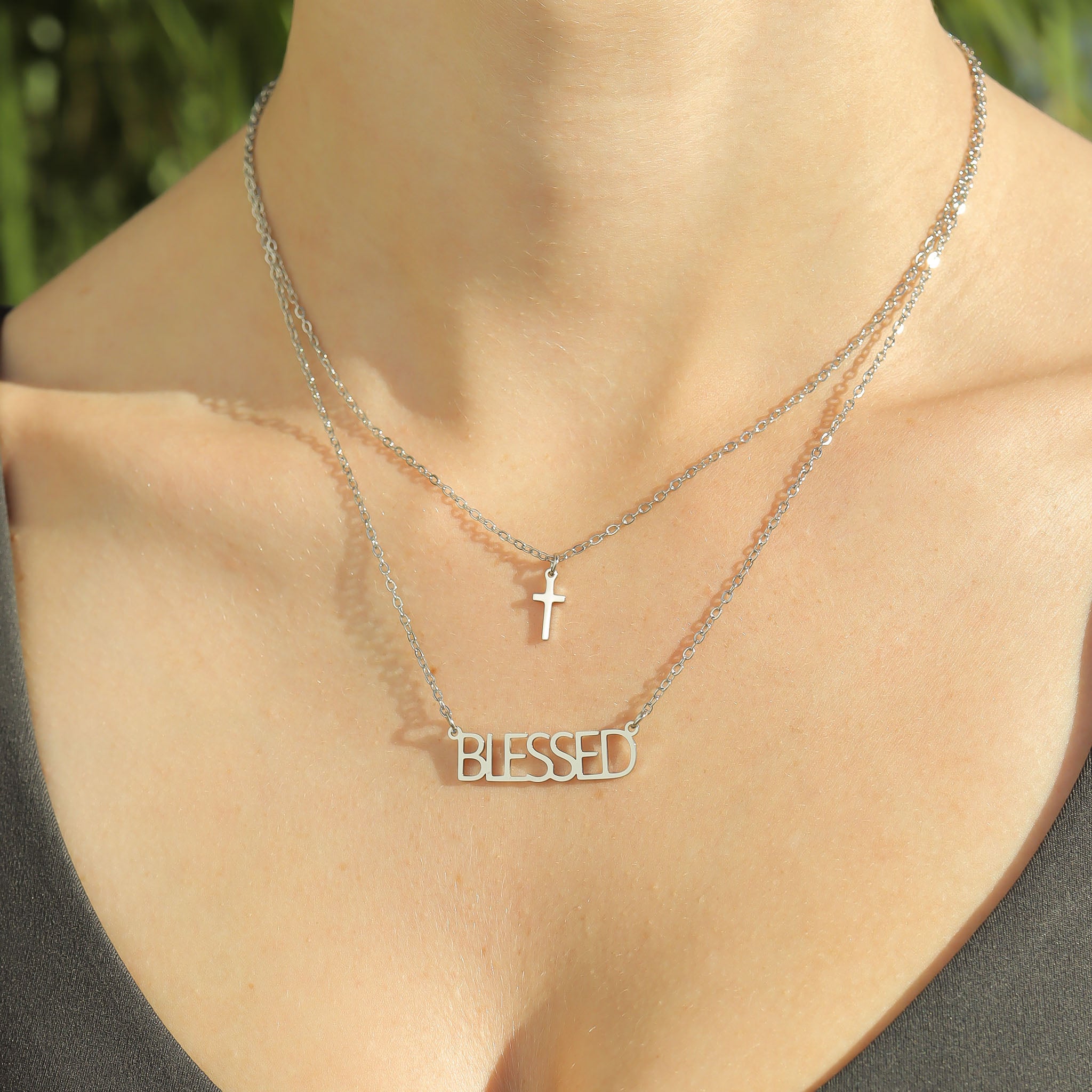 Stainless Steel PVD Coated "Blessed" Layered Cross Charm Necklace / SBB0323