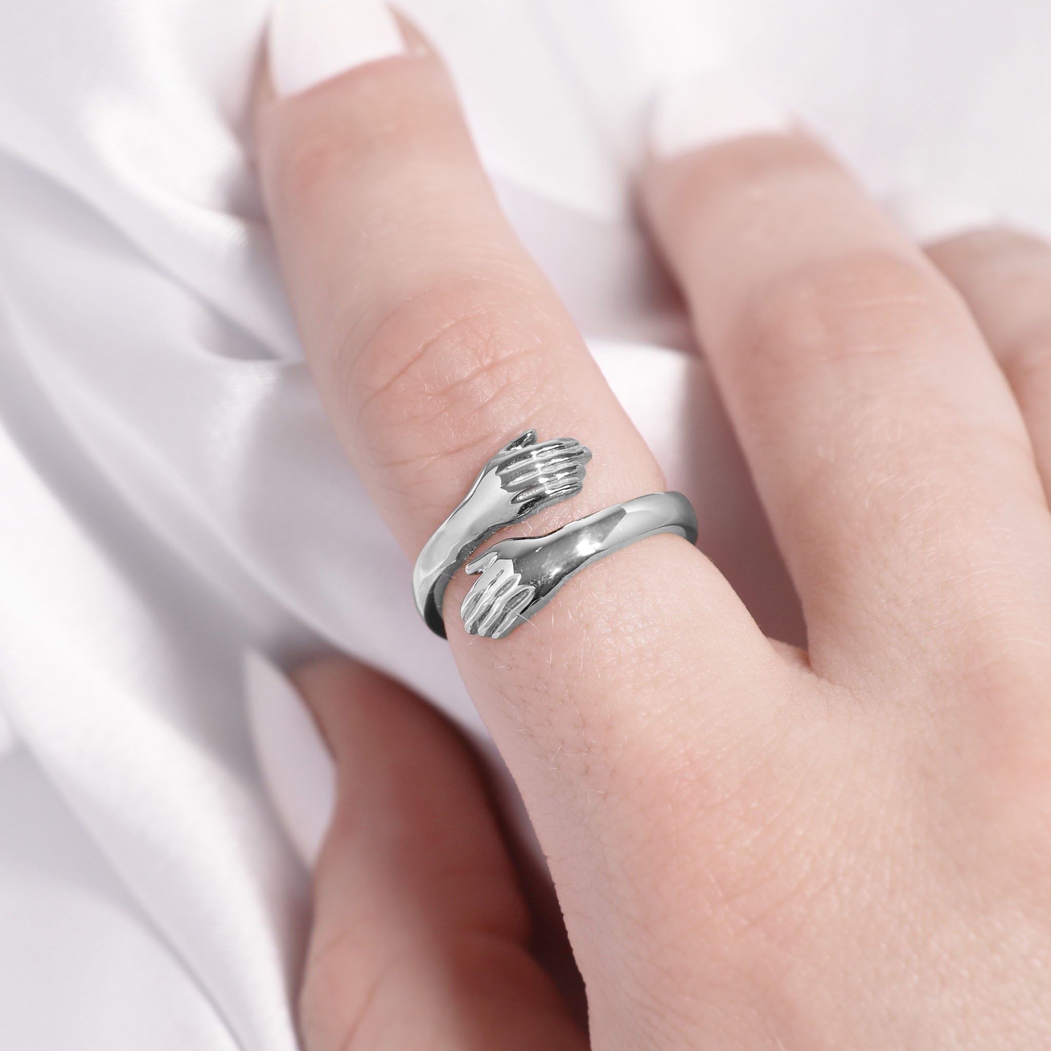 Silver Love Hugging Hand Ring – Handmade Joy