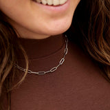 Stainless Steel Paperclip chain on model wearing a brown shirt
