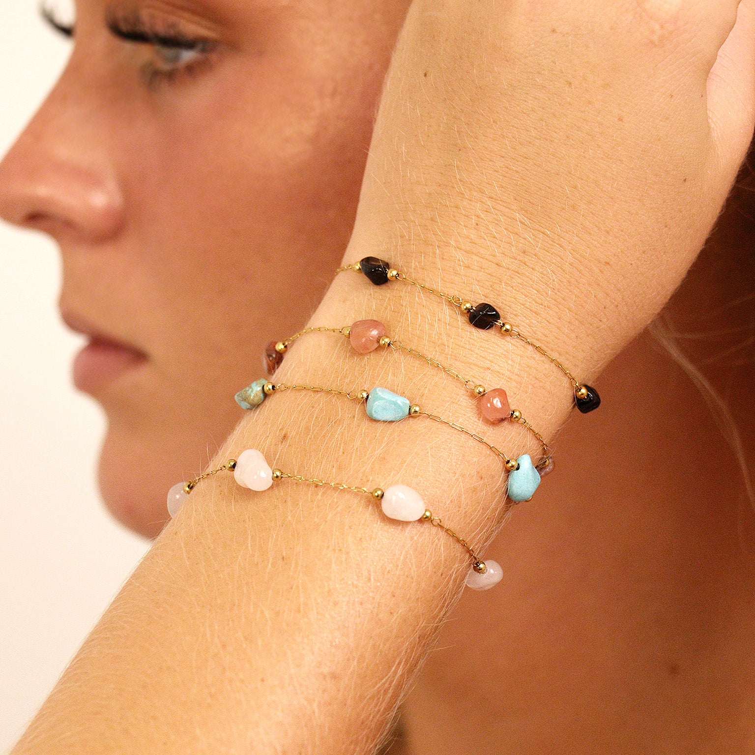 18K Gold PVD Stainless Steel Beaded Stone Chain Lifestyle