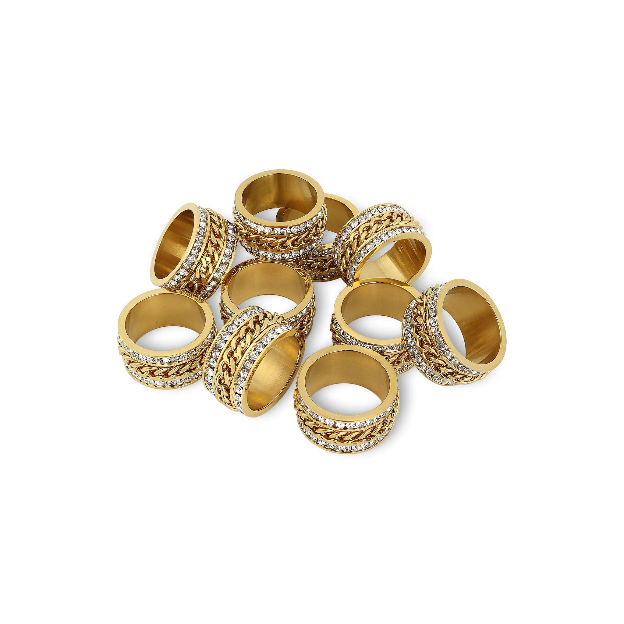 10 Pack - CZ Eternity With 18K Gold Center Chain Spinner Stainless Steel Ring / ZRJ9012