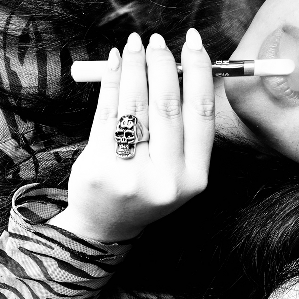 Stainless Steel Polished Flaming Skull Ring / SCR2016