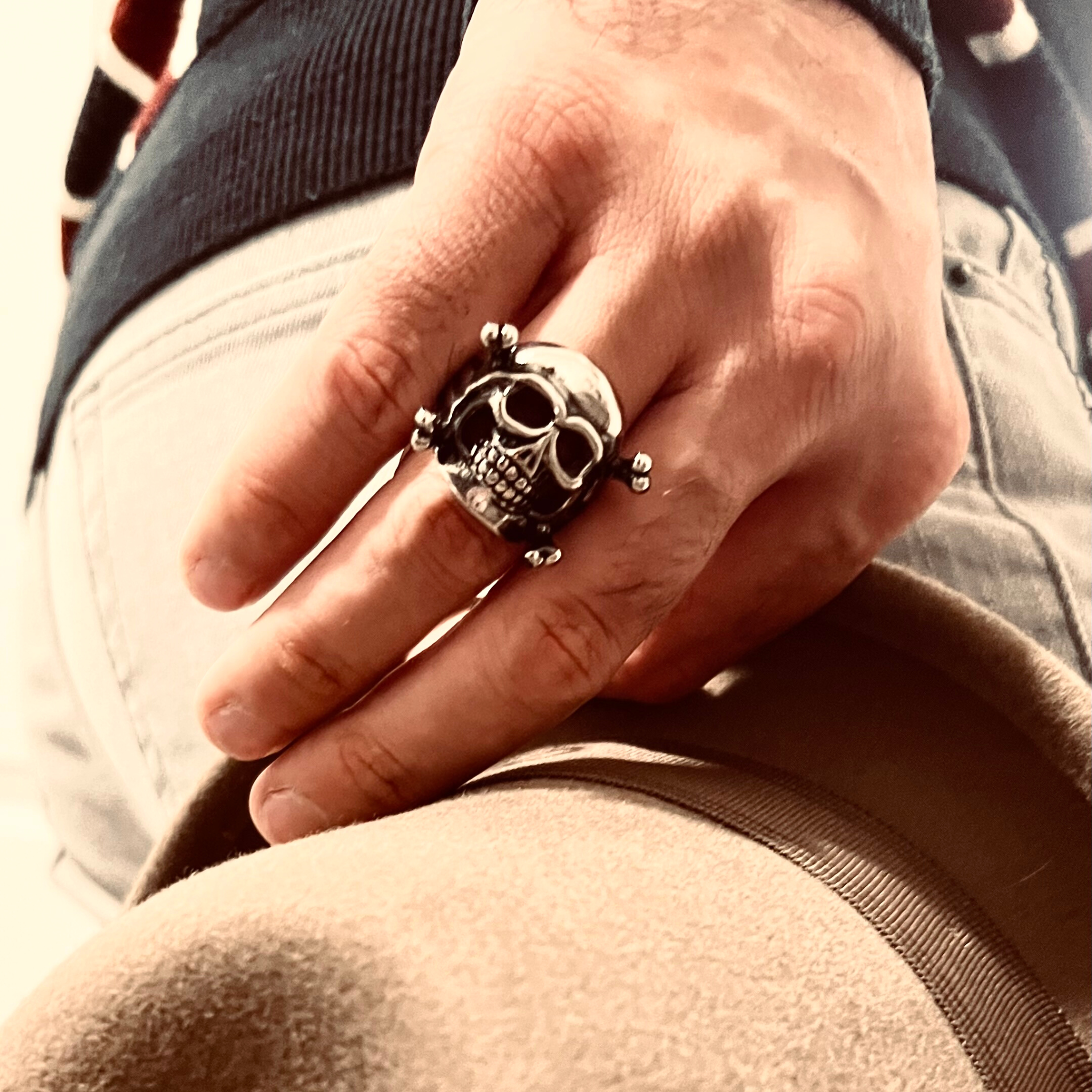 Black Antiqued Skull And Crossbones Ring In Gold - Diana Michaels Jewelers