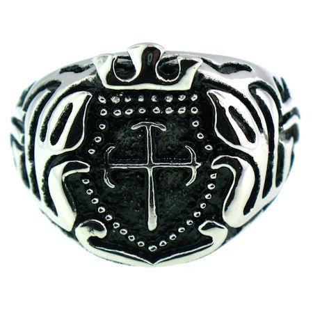 Stainless Steel Studded Filigree Cross Signet Ring / CRJ2564-stainless steel jewelry mens- stainless steel good for jewelry- stainless steel jewelry for women- womens stainless steel jewelry- stainless steel cleaner for jewelry