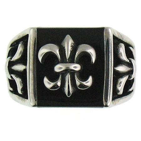 Stainless steel polished black Fleur De Lis ring.