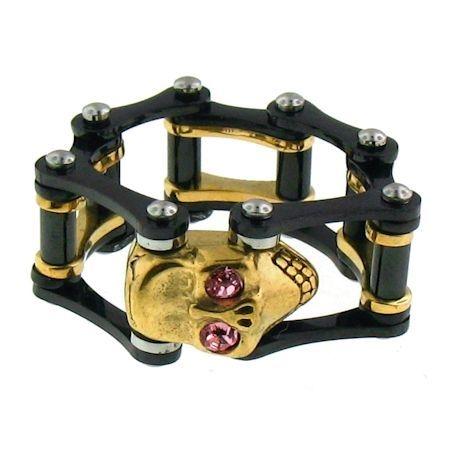 Pink CZ Eyed 18K Gold PVD Coated Skull Black Bike Chain Stainless Steel Ring / SCR3098-stainless steel jewelry good- stainless steel jewelry cleaner- gold stainless steel jewelry- stainless steel jewelries- stainless steel jewelry mens
