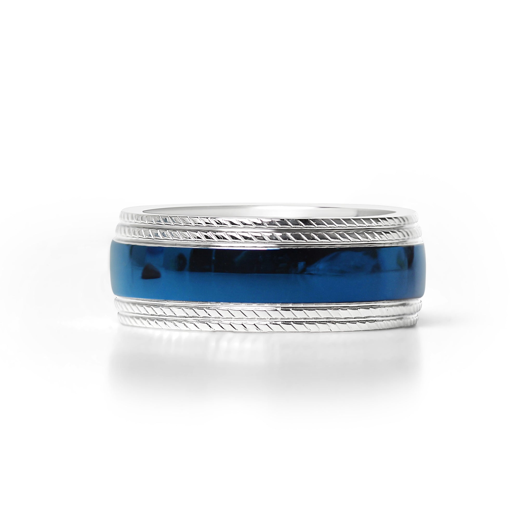 Blue Center With Lined Patterned Edge Stainless Steel Ring