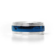 Blue Center With Lined Patterned Edge Stainless Steel Ring
