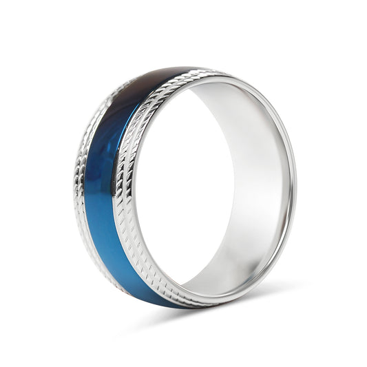 Blue Center With Lined Patterned Edge Stainless Steel Ring