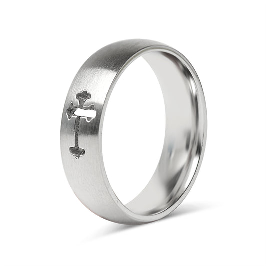 Cross Cutout Brushed Stainless Steel Ring