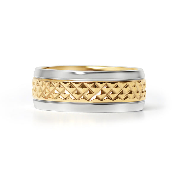 Gold Diamond Pattern Inlay with Polished Trim Stainless Steel Ring
