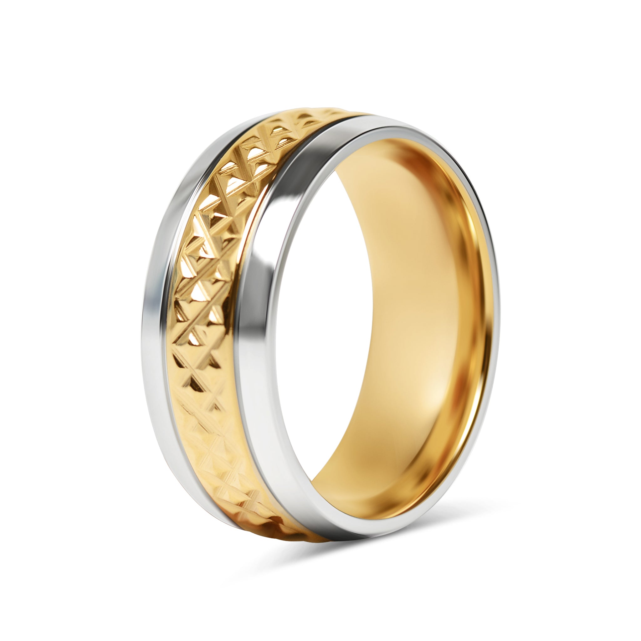 Gold Diamond Pattern Inlay with Polished Trim Stainless Steel Ring