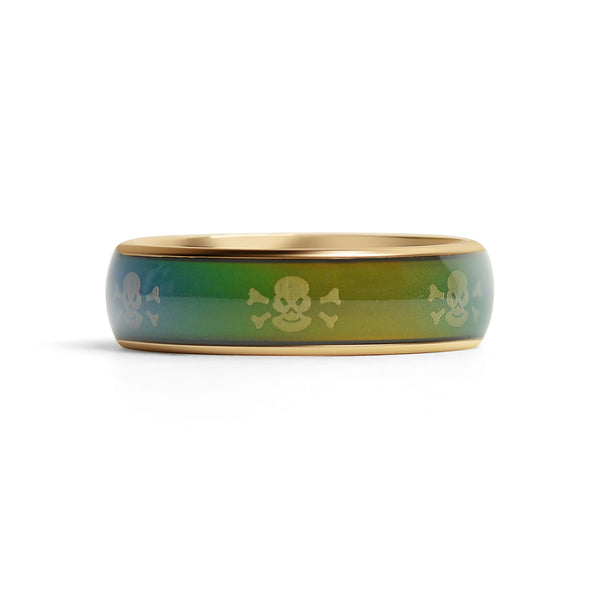 18k Gold PVD Coated Mood Band With Skull And Crossbones Stainless Steel Ring