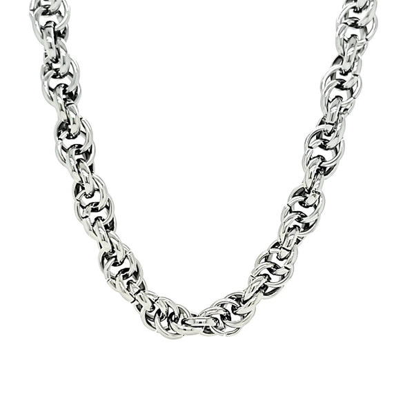 Stainless steel chain necklace with circle knots hanging.