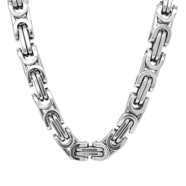 Stainless steel byzantine chain necklace hanging.