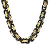 Black/gold PVD Coated stainless steel byzantine chain necklace hanging.