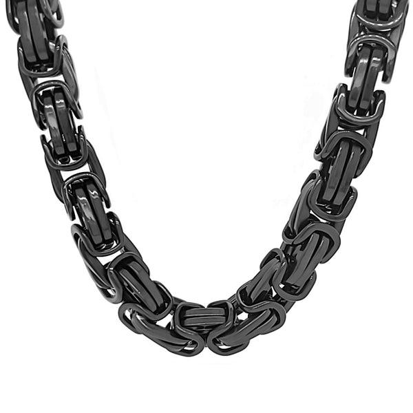 Black stainless steel byzantine chain necklace hanging.