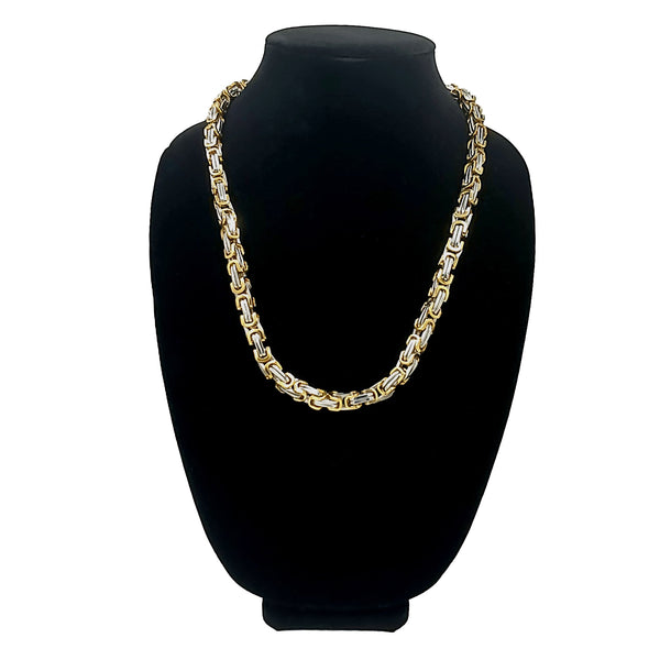 Gold stainless steel byzantine chain necklace on a black velvet bust.