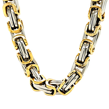 Gold stainless steel byzantine chain necklace hanging.