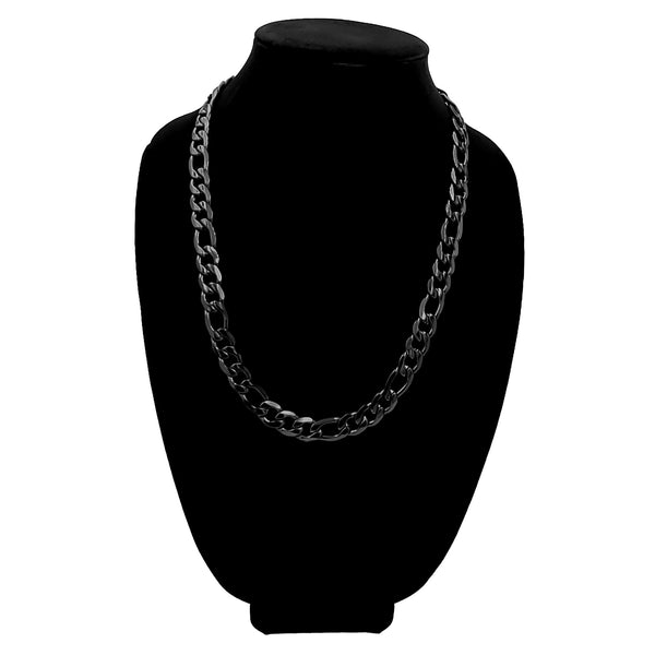 Black stainless steel figaro chain necklace on a black velvet bust.