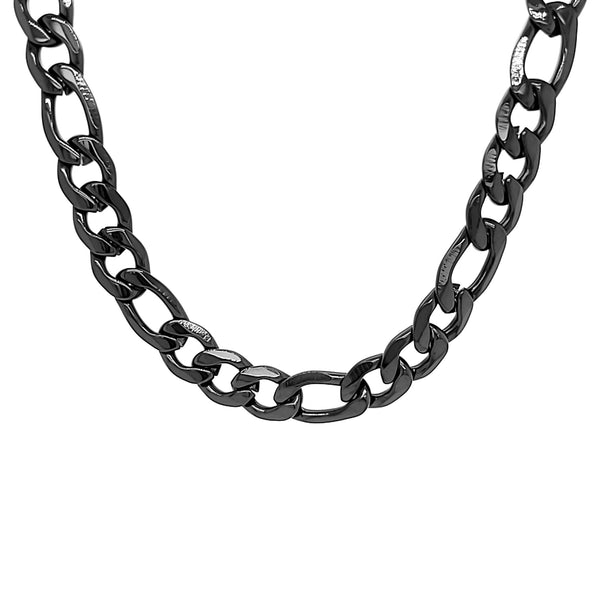 Black stainless steel figaro chain necklace hanging.