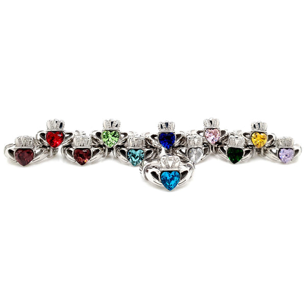 White gold over brass claddagh cz rings in a variety of colors.