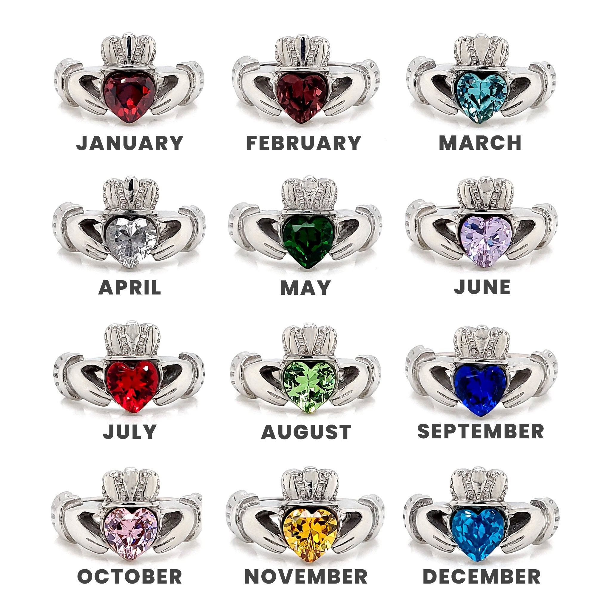 White gold over brass Claddagh CZ rings in a variety of colors with the birth months their stones represent.