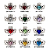 White gold over brass Claddagh CZ rings in a variety of colors with the birth months their stones represent.