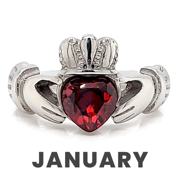 White gold over brass red siam cz january ring.