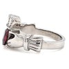 White gold over brass red siam cz january ring, side view.