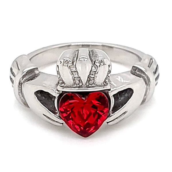 White Gold Over Brass Red Siam CZ January Ring / FBS0001