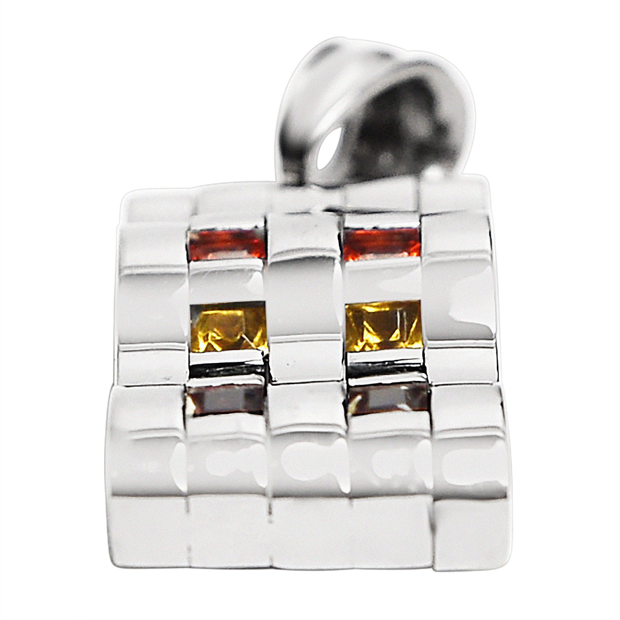Stainless steel contemporary wavy Cubic Zirconia rainbow pendant at an angle.