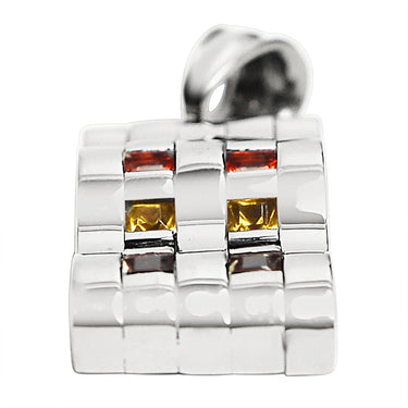 Stainless steel contemporary wavy Cubic Zirconia rainbow pendant at an angle.