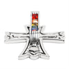 Stainless steel Cubic Zirconia rainbow Cross pendant at an angle.