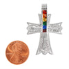 Stainless steel Cubic Zirconia rainbow Cross pendant with a penny for scale.