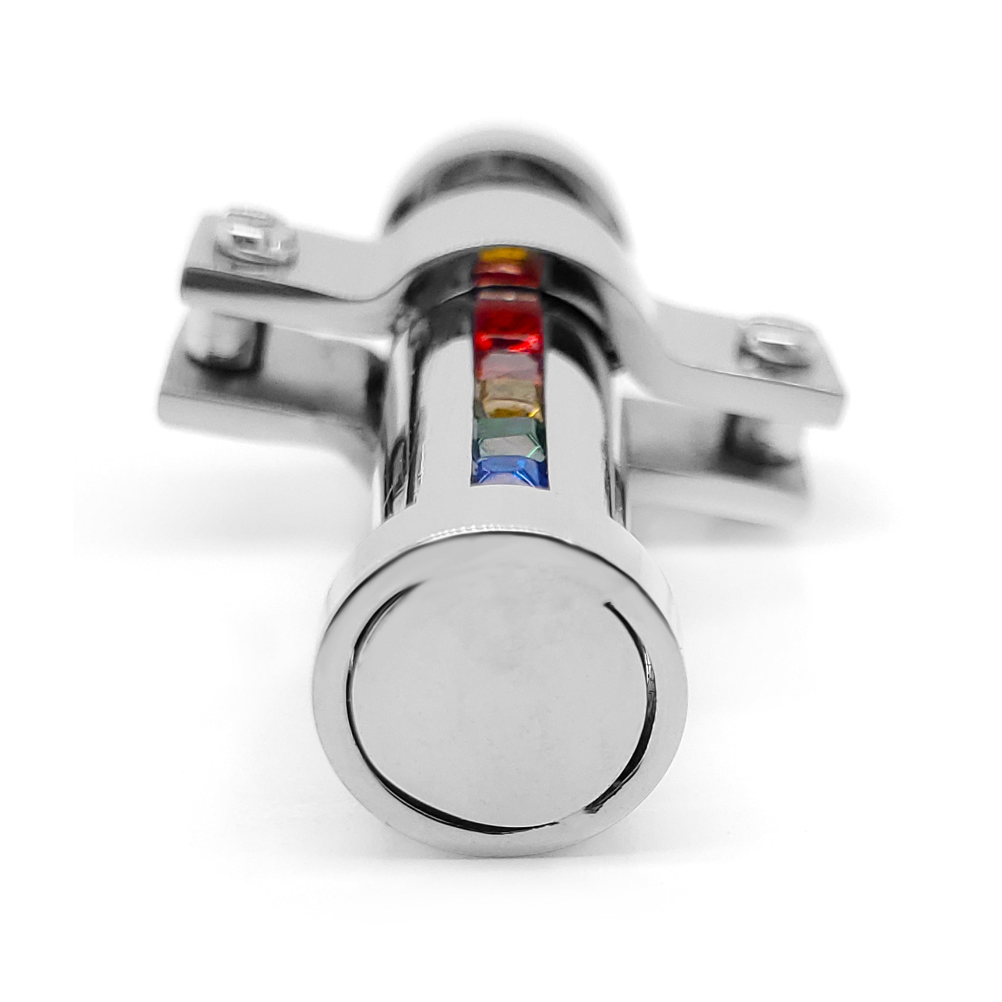 Stainless steel Cubic Zirconia rainbow pride pendant at an angle.