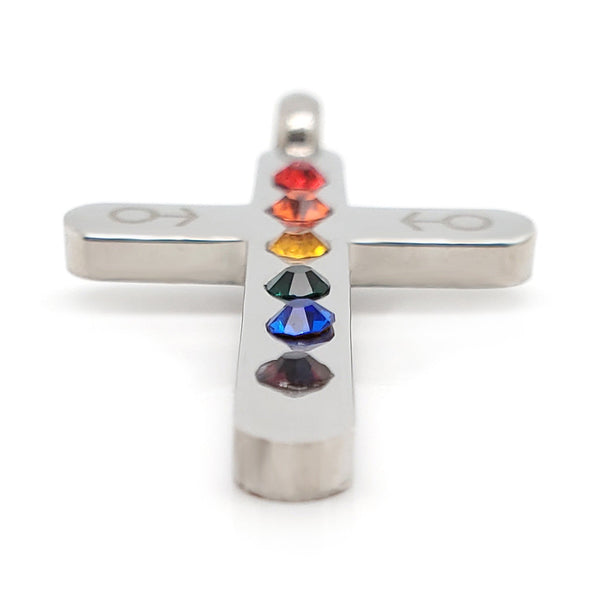 Stainless steel Cubic Zirconia rainbow male Mars symbol Cross pendant at an angle.