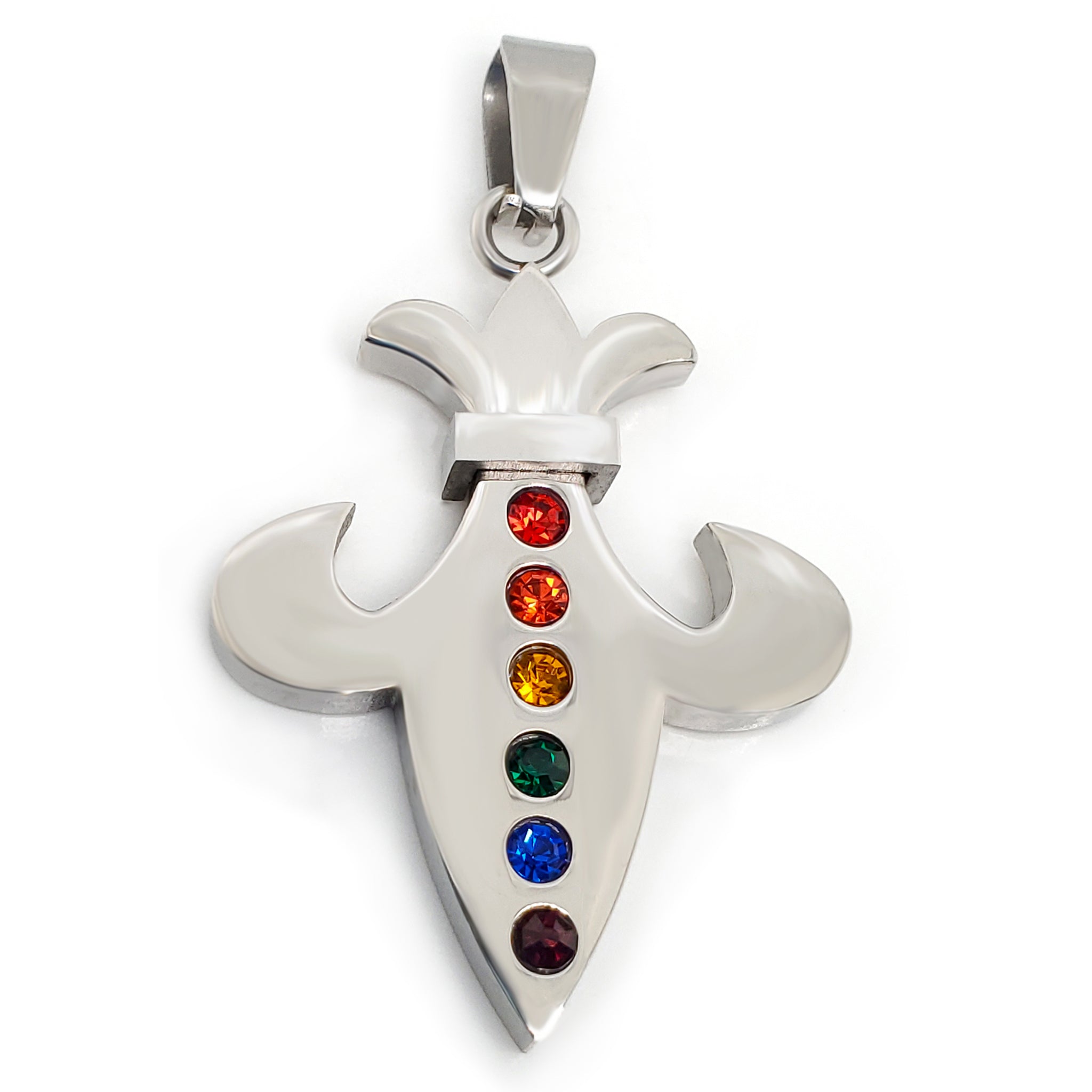 Stainless steel Cubic Zirconia rainbow Fleur de Lis pendant.-gold stainless steel jewelry- stainless steel jewelries- stainless steel jewelry mens- stainless steel good for jewelry- stainless steel jewelry for women