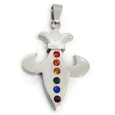 Stainless steel Cubic Zirconia rainbow Fleur de Lis pendant.-gold stainless steel jewelry- stainless steel jewelries- stainless steel jewelry mens- stainless steel good for jewelry- stainless steel jewelry for women