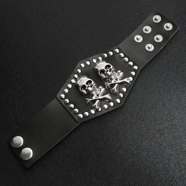 Black Leather Stainless Steel Double Skull And Crossbones Bracelet / LBJ12426