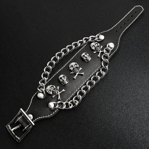 Black Leather Stainless Steel Skull And Crossbones Chain Bracelet / LBJ12509