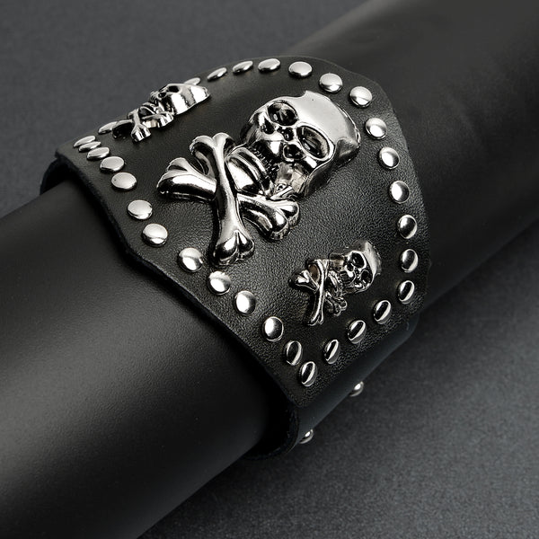 Black Leather Stainless Steel Triple Skull And Crossbones Bracelet / LBJ12511