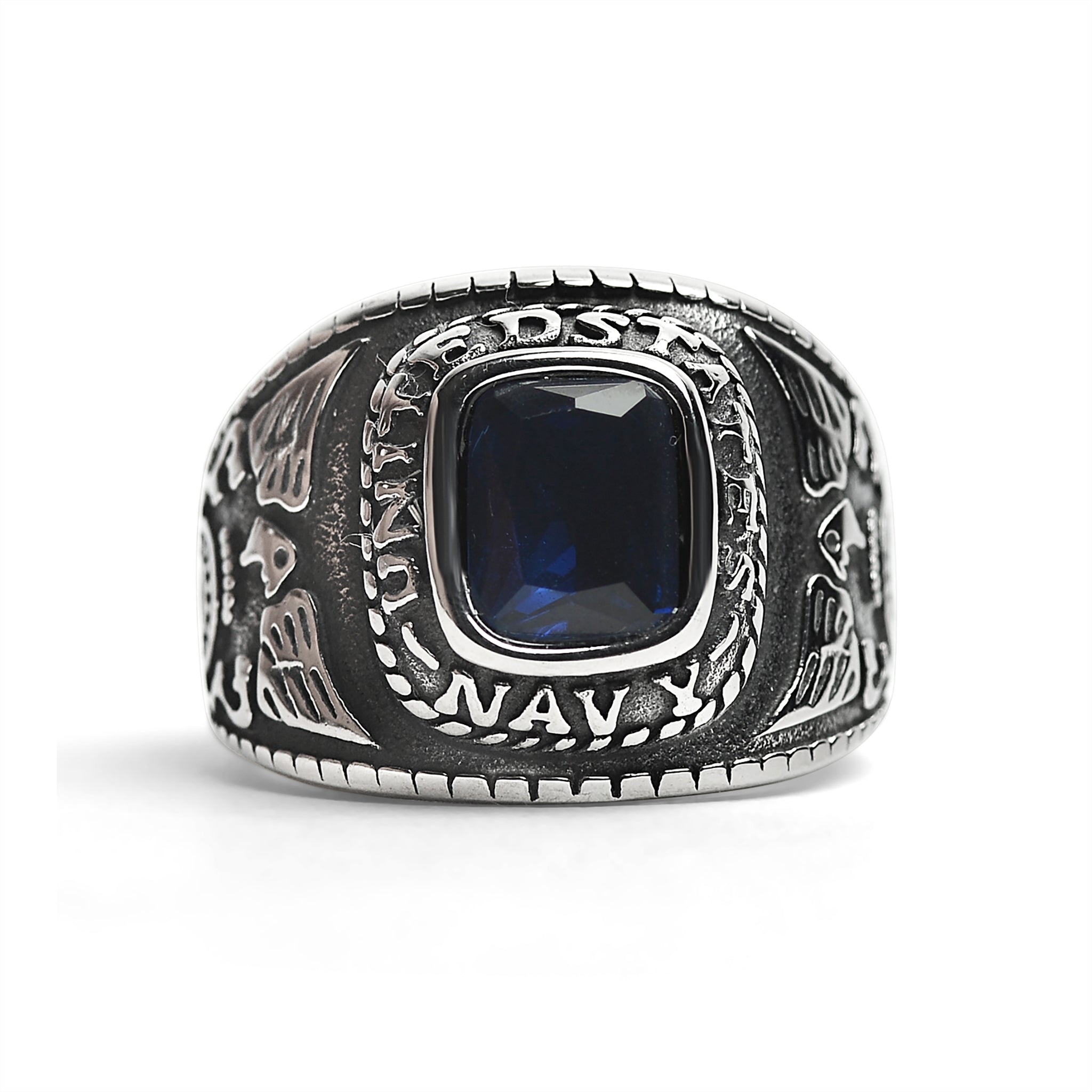 Stainless Steel United States Navy Military Men's Ring with Blue Stone / MCR3068