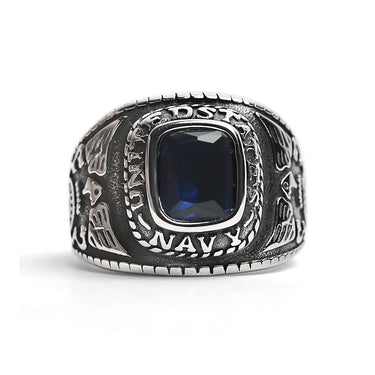 Stainless Steel United States Navy Military Men's Ring with Blue Stone / MCR3068