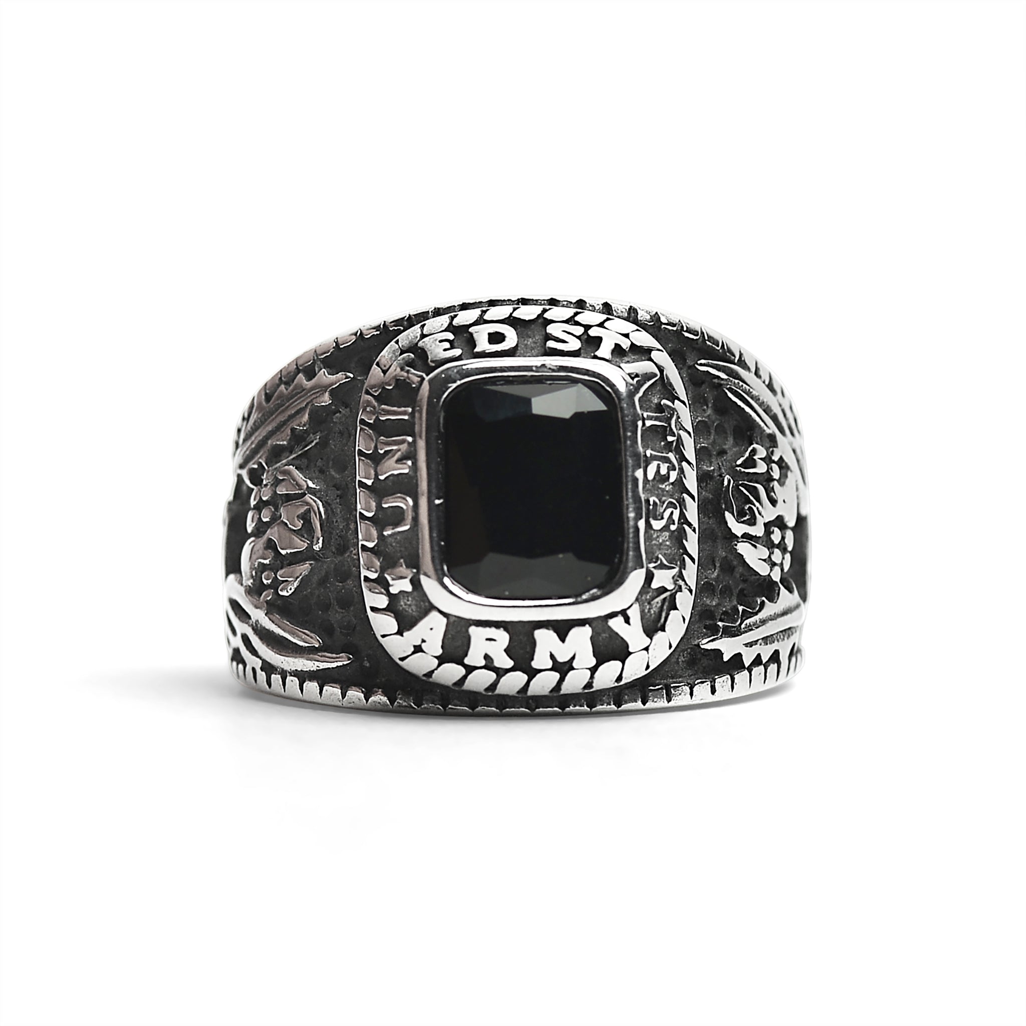 Stainless Steel United States Army Military Men's Ring with Black Stone / MCR3069