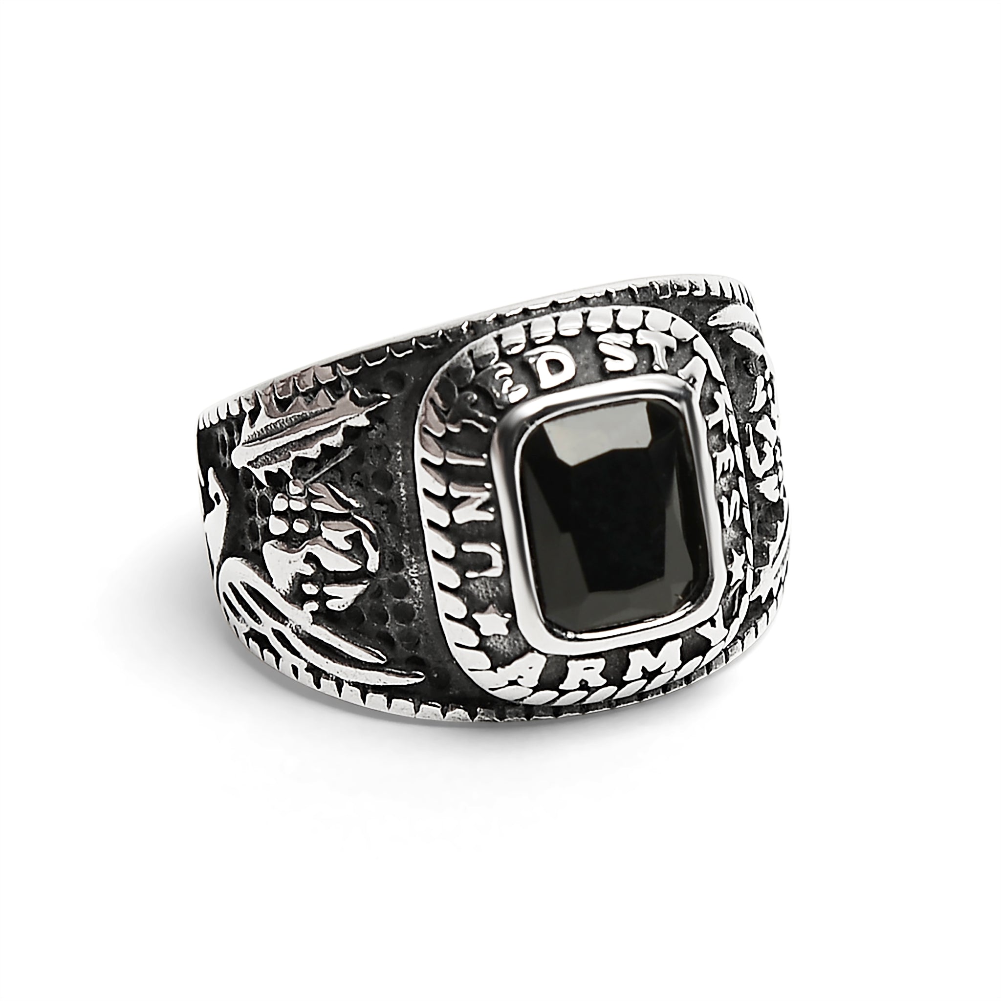 Stainless Steel United States Army Military Men's Ring with Black Stone / MCR3069