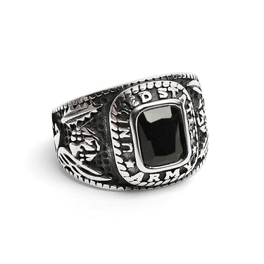 Stainless Steel United States Army Military Men's Ring with Black Stone / MCR3069
