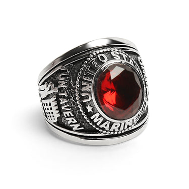 Stainless Steel United States Marine Corp Military Men's Ring with Red Stone / MCR4046