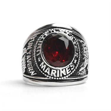 Stainless Steel United States Marine Corp Military Men's Ring with Red Stone / MCR4046